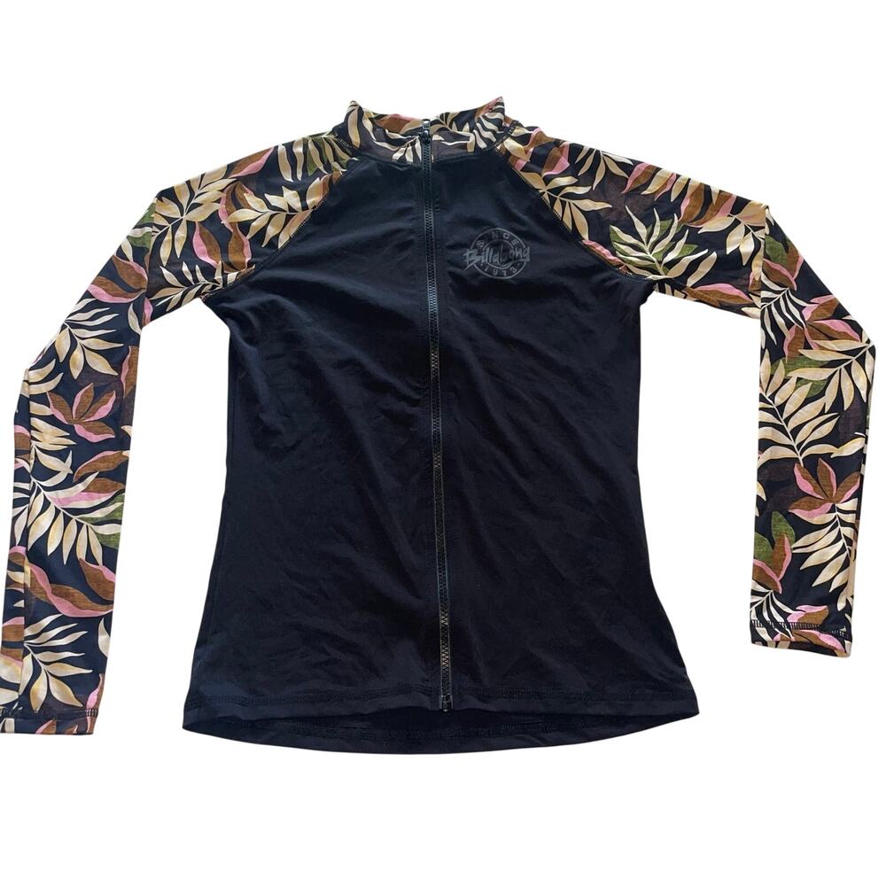 Billabong Black w/ Floral Long Sleeve UVA/UVB Protection Rash Guard Full Zip S